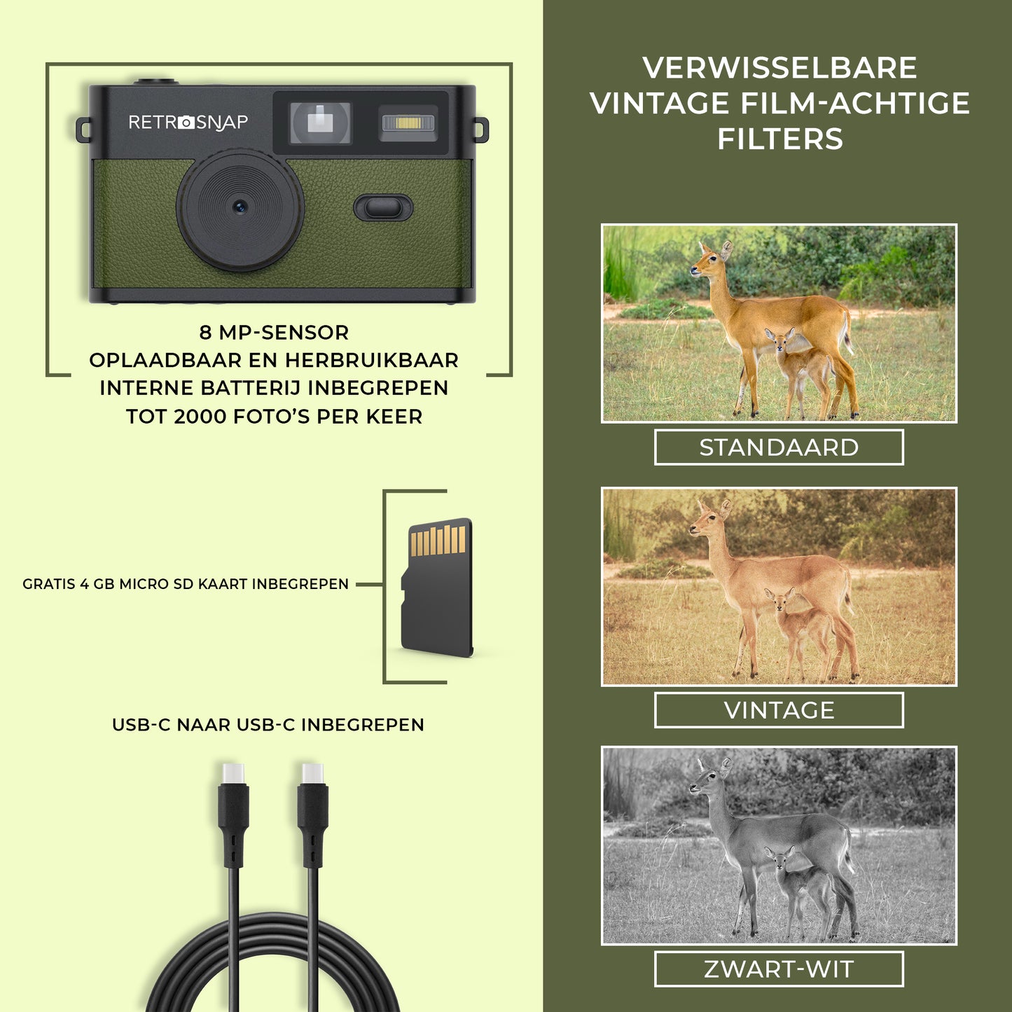 Retrosnap Olijfgroen - Retro camera - zonder scherm - Ideaal voor festivals en vakanties